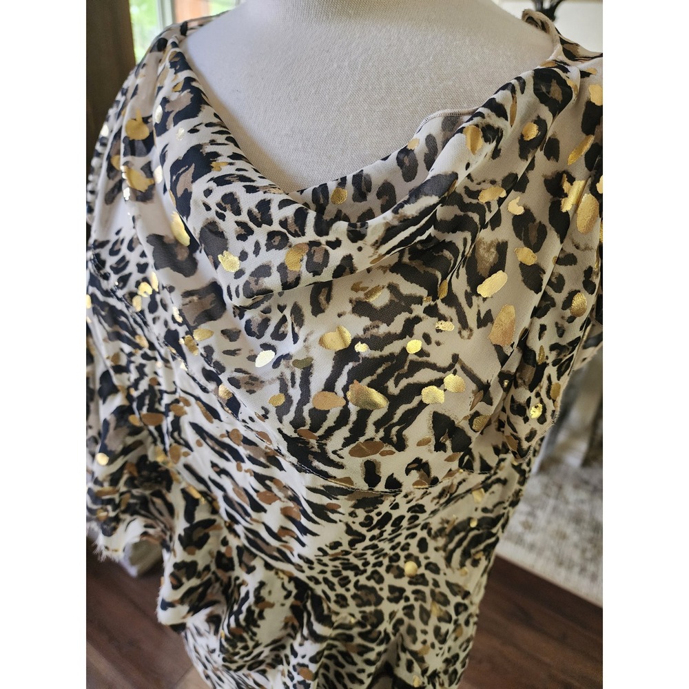 Y2K BCBG Leopard Print Gold Metallic Foil Cowl Neck Blouse Top Boho Festival - Picture 4 of 10